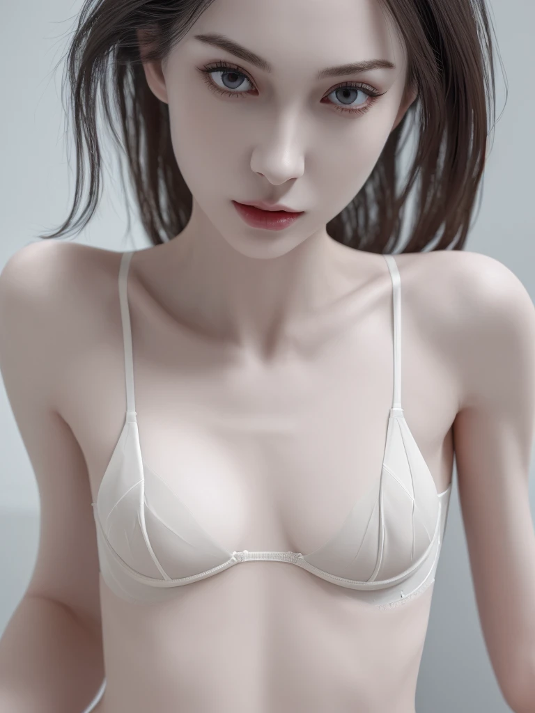 a woman, very thin body, body visible bones, very slender, pale white skin, panties, bra, tattoo, full body viewed , beautiful detailed eyes, beautiful detailed lips, extremely detailed eyes and face, long eyelashes, (best quality,4k,8k,highres,masterpiece:1.2),ultra-detailed,(realistic,photorealistic,photo-realistic:1.37