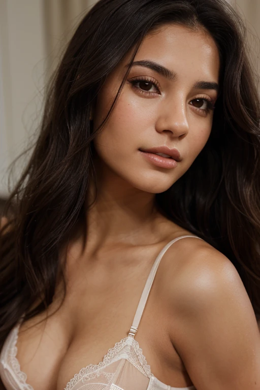 A photorealistic portrait of a 21-year-old latina girl with long, flowing dark hair . close up. She should have a face with makeup, in layed on the bed lingerie
