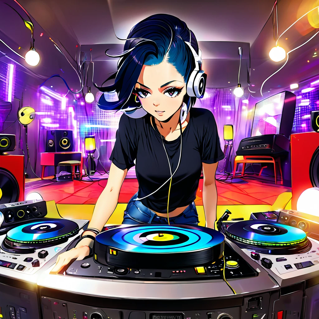 Japanese woman, bob haircut, DJing, headphones, turntable, room, alone, cozy, lights, music, energetic, focused, modern, stylish, casual outfit, Frontal angle of view
