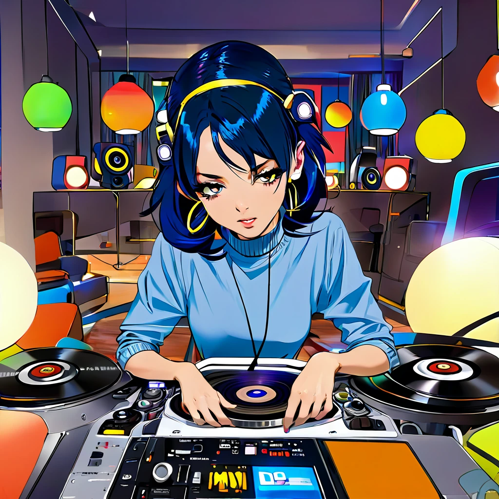 Japanese woman, bob haircut, DJing, headphones, turntable, room, alone, cozy, lights, music, energetic, focused, modern, stylish, casual outfit, Frontal angle of view
