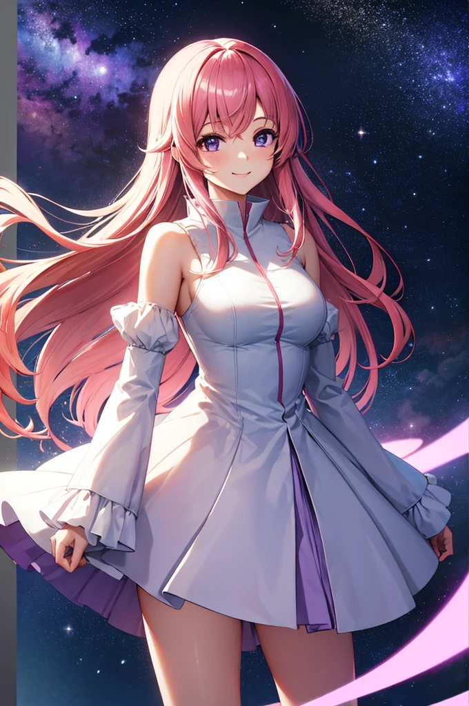 (masterpiece:1.3), (best quality:1.1), (8k, ultra detailed, ultra high res:1.2), ((anime style)), perfect 5 fingers, perfect anatomy, 1girl,
BREAK long hair, pink hair, medium breasts, purple eyes, (smile), 
BREAK white dress, long sleeves, frilled skirt, frilled sleeves, detached sleeves, bare shoulders, purple skirt,
looking at viewer, smile, standing, 
cowboy shot, perfect light, 
BREAK (detailed background:1.2), outdoor, outside, space, sun, star, the cosmos, galaxy, 