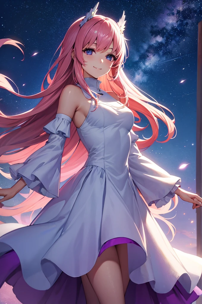 (masterpiece:1.3), (best quality:1.1), (8k, ultra detailed, ultra high res:1.2), ((anime style)), perfect 5 fingers, perfect anatomy, 1girl,
BREAK long hair, pink hair, medium breasts, purple eyes, (smile), 
BREAK white dress, long sleeves, frilled skirt, frilled sleeves, detached sleeves, bare shoulders, purple skirt,
looking at viewer, smile, standing, 
cowboy shot, perfect light, 
BREAK (detailed background:1.2), outdoor, outside, space, sun, star, the cosmos, galaxy, 