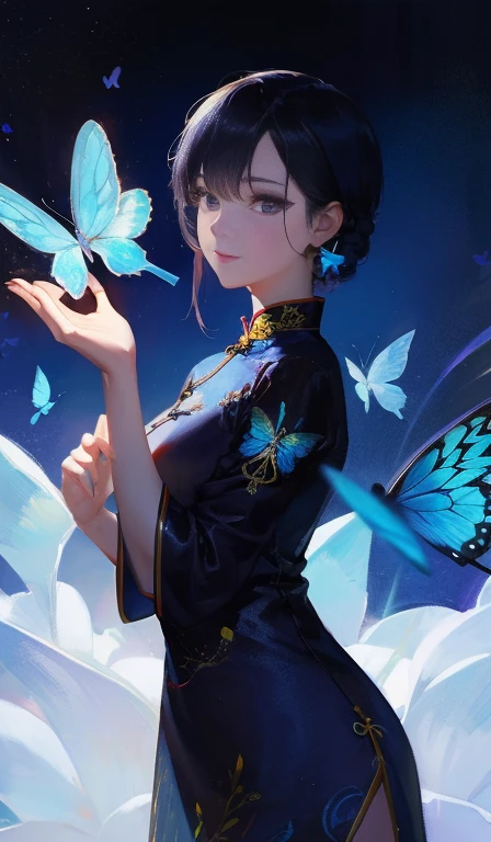 woman,26 years old,Mature,Wear a black cheongsam,Cheongsam embroidered with blue butterflies,No nostalgia for the world, Like waking up from a dream,mystery,reality,meticulous,Unpredictable。