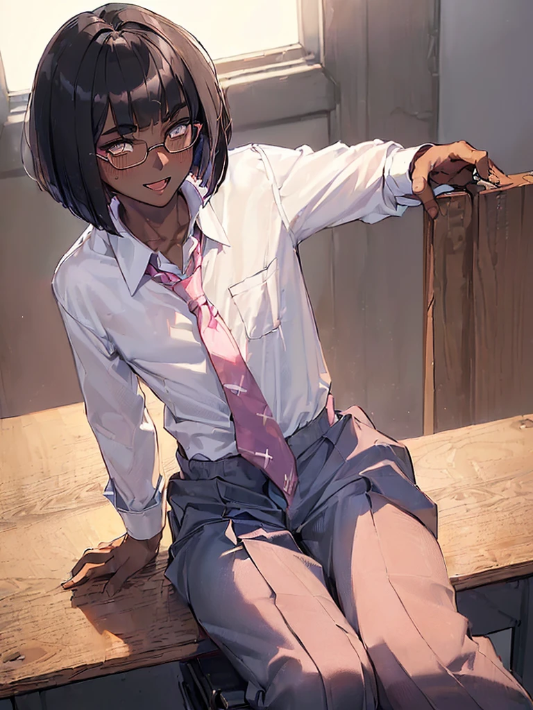 (1 feminine boy solo:1.7),(dark skin:1.5),(masterpiece:1.2), highest quality, High resolution, unity 8k wallpaper, (fine and beautiful eyes:1.6), highly detailed face, perfect lighting, Detailed CG, (perfect hands, perfect anatomy),20 years old, (black hair:1.3), detailed eyes, best quality, extremely detailed, very precise detailed, (glasses:1.4)white eyes, (blunt bangs:1.5), (open mouth:1.2), (bob hair:1.5), (evil smile:1.4), , (white eyes:1.5) ,long sidelocks, (blush:1.3),(sit on desk:1.3),(Put left knee in front:1.5),(boy's school uniform long pant:1.5),(loosen necktie:1.2),spread legs,bend knee,(open shirt:1.3),