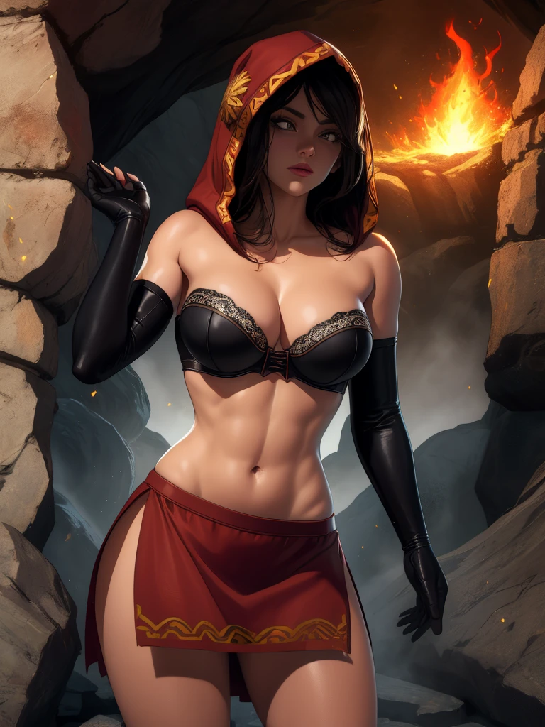 Dsorceress, shadowy face,dark cave, fire, hood, shadowed face, strapless bra, slim and athletic body, miniskirt, no panty, elbow gloves, dark skin, 1 girl (insanely detailed, masterpiece, best quality)