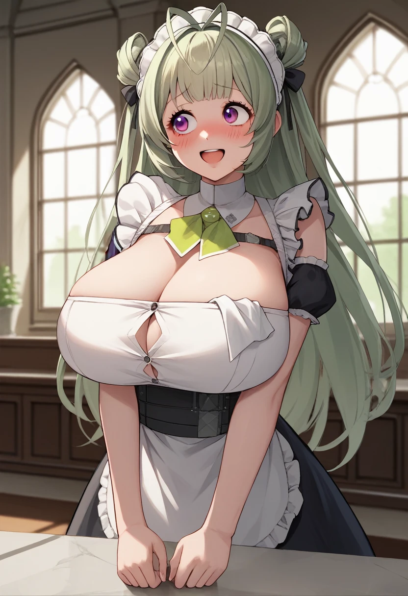 score_9, score_8_up, score_7_up, source_anime, BREAK 1girl, sdrnd, purple eyes, green hair, long hair, bangs, double bun, antenna hair, huge breasts, blush, open mouth, smile, shy, embarrassed, smile, open mouth, looking to the side, maid, mansion, room,