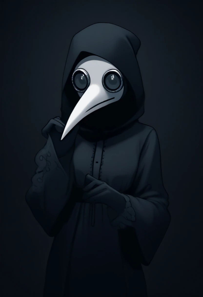  girl, close up, dark background , plague-doctor costume, randome pose