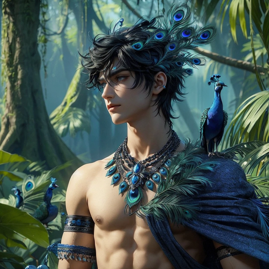 Handsome boy, black hair, dark blue eyes, dark blue peacock feather crown on his head, dark blue peacock feather necklace, dark blue clothe, dark blue peacock