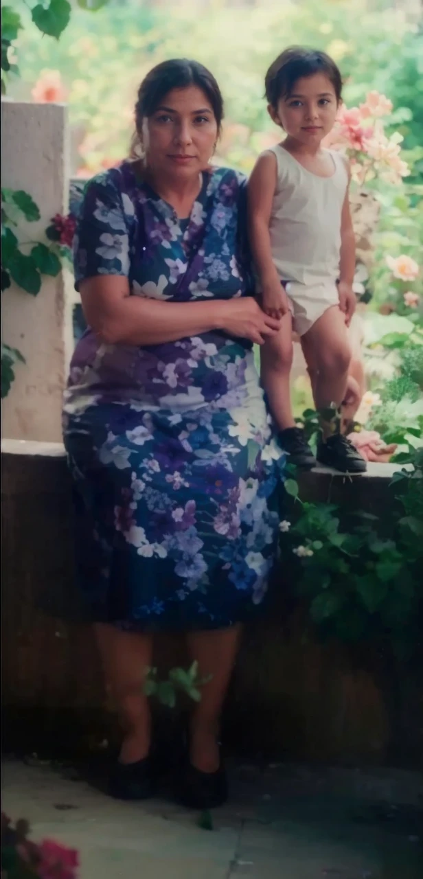 A mother and her , green plants and flowers
