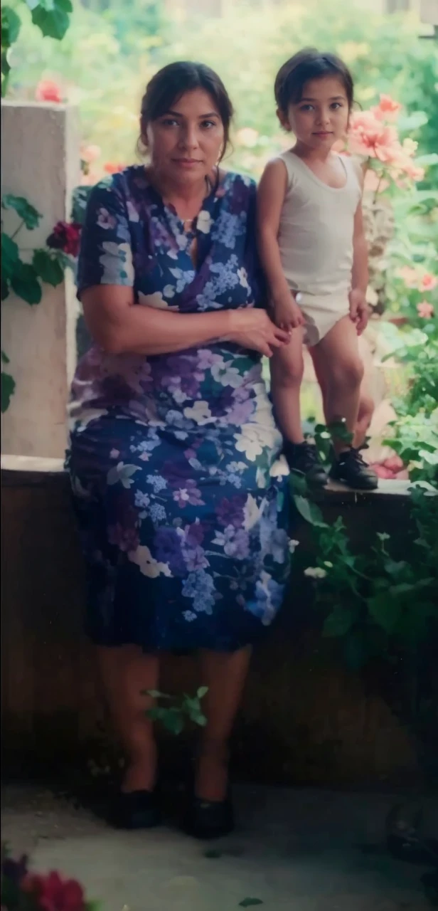 A mother and her , green plants and flowers