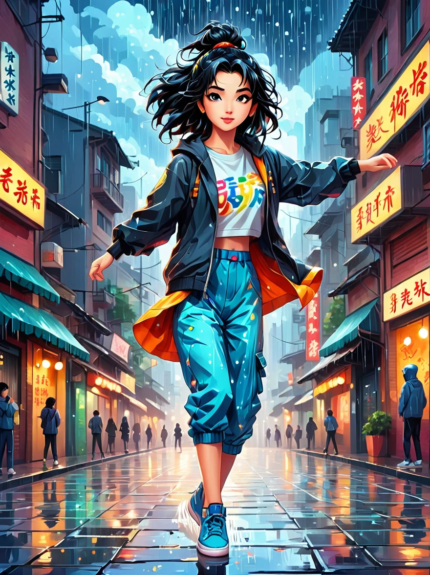 Cartoon illustration,Vector illustration,A girl full of energy,Showing off her breakdancing skills on a graffiti-covered urban dance floor,((beautiful eyes)),((Perfect and refined limbs)),She was barefoot,Loose and comfortable clothes,Perfect for dancing,Her black hair was tied into a high ponytail.,One hand rotation,Spin your feet in the air,(heavy rain:1.5),(The scene is filled with cold rain),The audience was impressed,She performed a complex move with ease.,The energy she captures is palpable,The air is filled with the rhythm of street music,(masterpiece,Best quality:1.2),lifelike,Reality,梦幻般的Light芒,错综复杂的detail,Ultra Detailed,detail,High contrast,美丽细致的Light芒,Bright,更多detail,精细发Light,very fine 8K CG wallpaper,Depth of Field,Abuse of color difference,Soft colors,非常精致的Light线,眩Light,Light,Light粒子,reflection