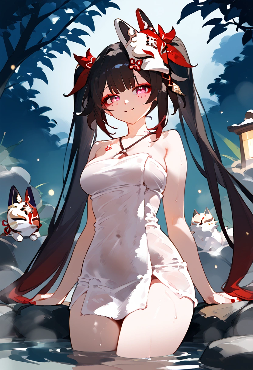 anime artwork, score_9, score_8_up, score_7_up, score_6_up, score_5_up, score_4_up,sparkle \(honkai: star rail\),1girl, twintails, black hair, medium breasts, red eyes, red eyeshadow, fox mask , , , , , she is 24 years old, , ,horny, style_3, floox style, . She has fluorescent pink eyes with tiny black dots under each of her eyes. Additionally, a white-and-red Kitsune mask is at an angle on the top of her head. wearing towel, after shower, naked, towel wrapped around body, onsen, naughty smile, in water