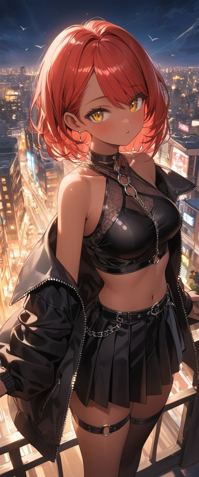 masterpiece, best quality, 1girl, solo, <lora:Akane Ryuzoji:0.7>akane ryuzoji, red hair, blue eyes, ponytail, drill hair, blush, large breasts, choker, tank top, harness, shorts, thighs strap, black footwear, sitting on a rooftop, sunset, colored sky, looking the horizon, city background, <lora:more_details:0.3>