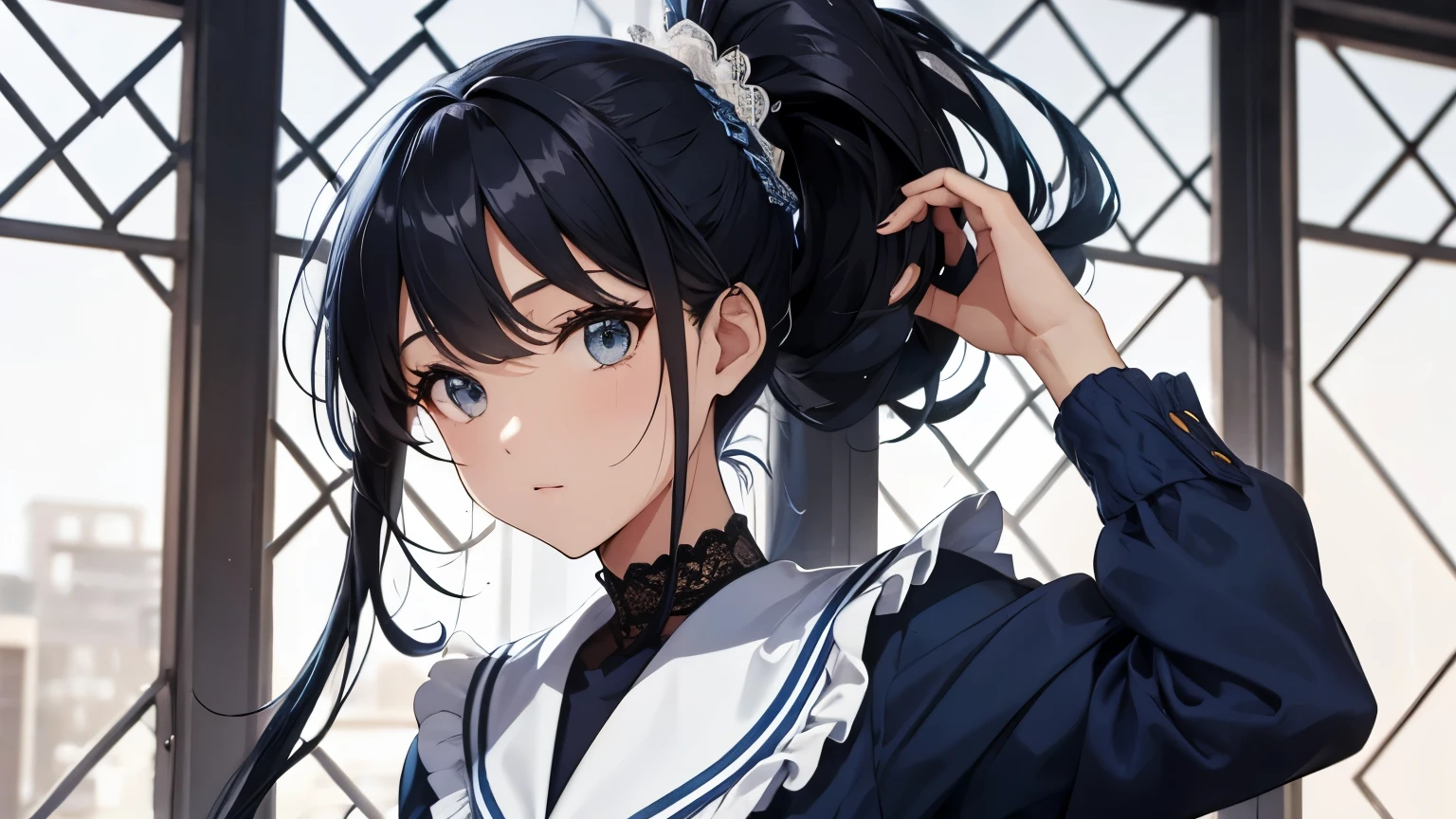 A beautiful woman wearing a blue sailor suit with lots of frills and lace Long sleeve Black hair ponytail with hair ornament Upper Body
