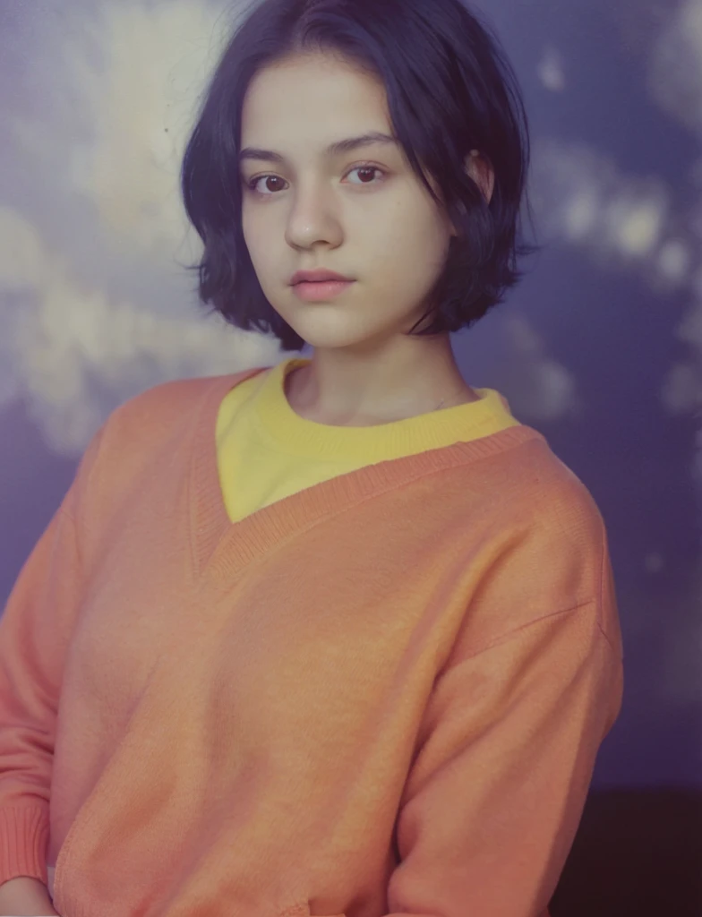 color photo of a 17 year old girl, short black hair. wearing an orange sweater jacket, white t-shirt. dark blue background photo studio. HD