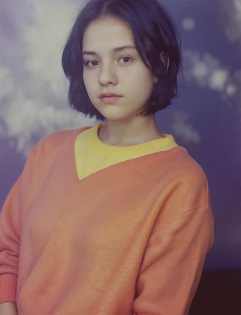 color photo of a 17 year old girl, short black hair. wearing an orange sweater jacket, white t-shirt. dark blue background photo studio. HD