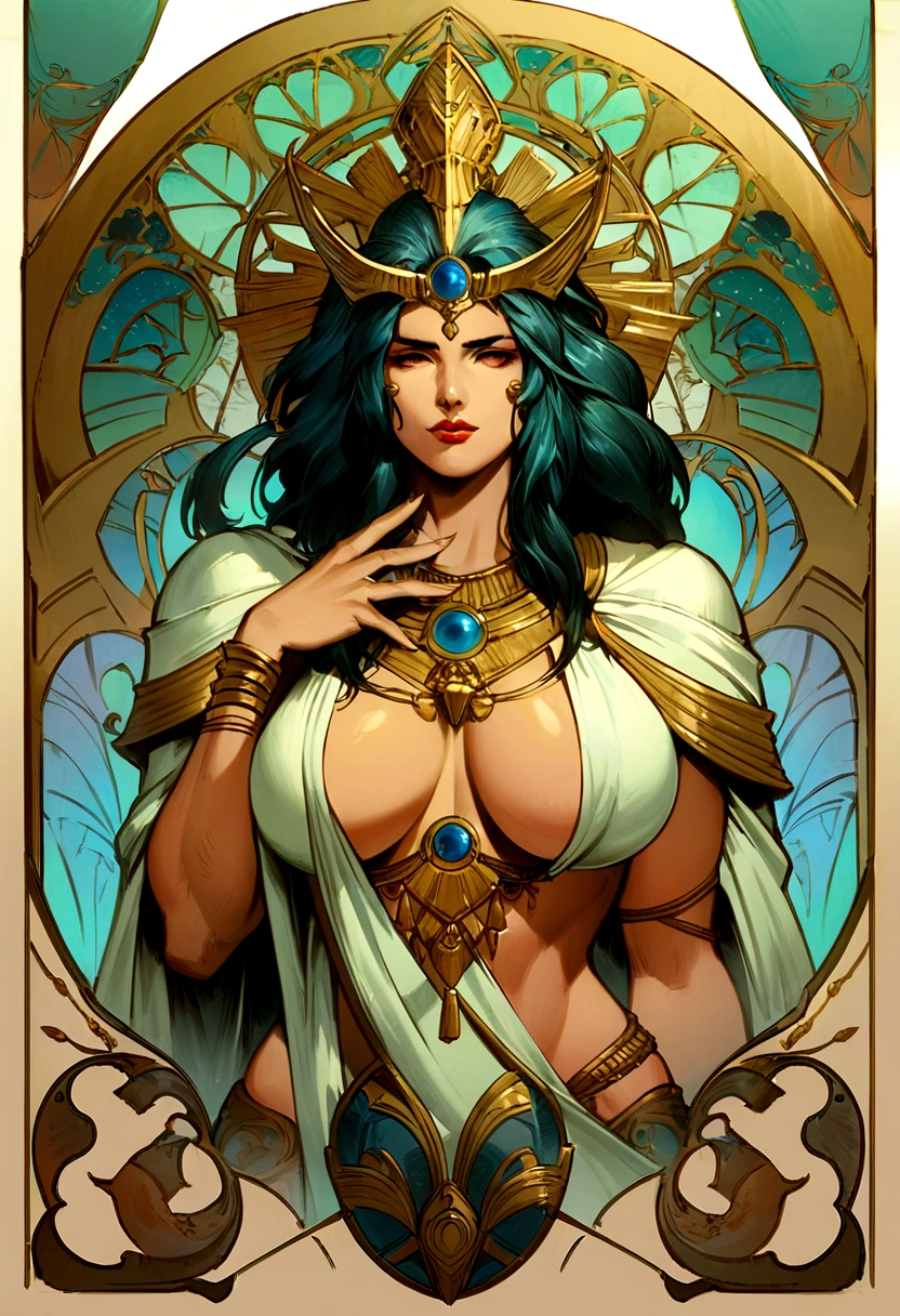 Create a stunning, ultra-realistic portrait of a "(((Ancient God Bharat)))", with large breasts and a hand over her face portraying discontent,  fantasy character in art nouveau style. Pay meticulous attention to intricate details and be inspired by fifth element artifacts. Incorporate references from artists like Peter Mohrbacher, {{| Kyansittha |}}, Wayne Barlowe, Boris Vallejo's, Aaron Horkey, Gaston Bussière, Craig Mullins, and Alphonse Mucha to bring depth and character to the artwork. Enhance the composition with art nouveau curves and spirals for an added touch of elegance and complexity, put on your super curvy body