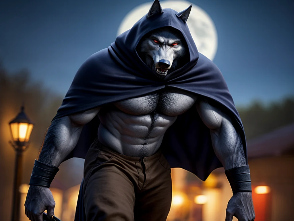 Death is a anthropomorphic silvery-white wolf with an elongated snout, gray mask-like markings on his face, sharp teeth, and glaring sinister red eyes, who has a well-built body, He wears a black cloak with a built-in hood, and brown trousers under the cloak, He also has brownish-gray wraps around his wrists and calves, and carries a pair of razor-sharp sickles, anthro wolf, male, adult, grey fur, buffed body, sexy, beefy body, furred body, beautiful, furry chest hair, realistic, full body, photorealistic, ultra realistic, 8k, night, bare-chested,