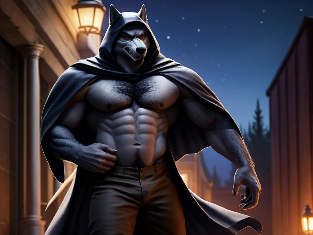 Death is a anthropomorphic silvery-white wolf with an elongated snout, gray mask-like markings on his face, sharp teeth, and glaring sinister red eyes, who has a well-built body, He wears a black cloak with a built-in hood, and brown trousers under the cloak, He also has brownish-gray wraps around his wrists and calves, and carries a pair of razor-sharp sickles, anthro wolf, male, adult, grey fur, buffed body, sexy, beefy body, furred body, beautiful, furry chest hair, realistic, full body, photorealistic, ultra realistic, 8k, night, bare-chested,