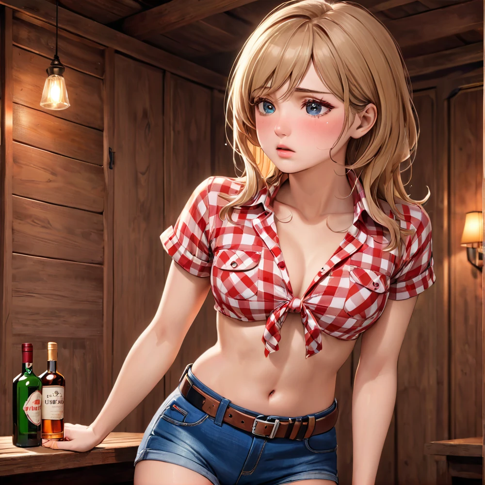 (((Being a single woman:2.0))),(((NSFW:0.5))),(((Wear denim hot pants:1.5))),(((Wear a red checked short-sleeved collared shirt:1.5))),(((Wear a gun belt with a holster:1.8))),,((Wear a watch on your wrist:1.5))),(((Exposed thin inner thighs))),(((Hide your chest with a shirt:1.5))),(((Navel exposed:1.5))),(((Bare arms))),(((Put on your boots:1.5))),((Blushed:1.8)), Beautiful detailed girl, Very detailed目と顔, 緻密でBeautiful Eyes, Very detailed, High resolution, Highest quality, masterpiece, Very detailed, 8k wallpaper, wonderful, finely, Highest quality,(Standing in front of a wooden wall),Beautiful Eyes,((Engage your audience:1.2))),((Drinking whiskey:1.0)),(((Drunk,Hiccups don't stop:1.6))),(((Crying face:1.0))),(((Touch your chest with your left hand:1.5)))