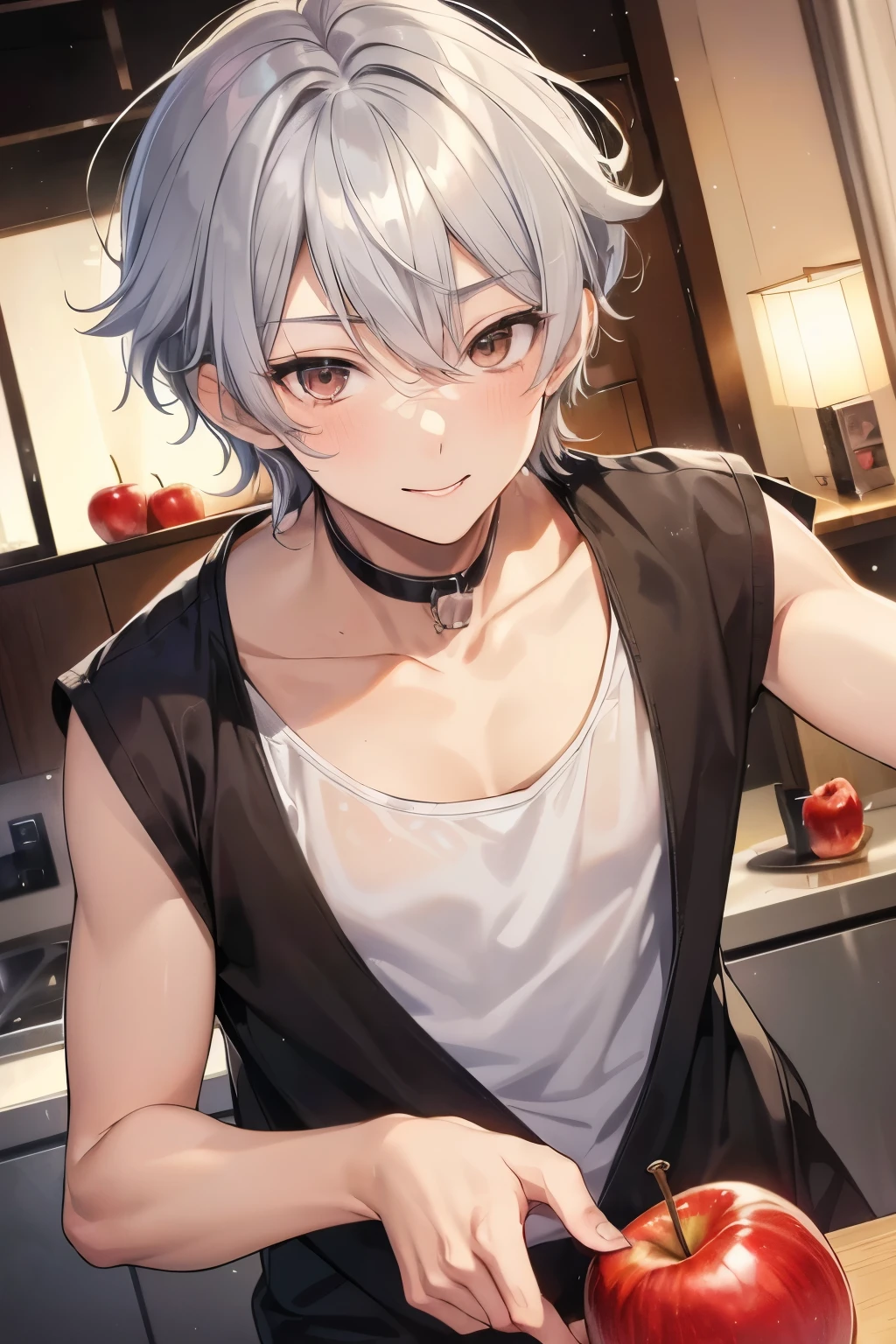 Kimishima Ikuto、、（1:boy)、(Hairstyle:Silver short hair,Hair curled outward,Silver Hair)、Slanted Eyes、Brown eyes、Perfect Anatomy、(red apple),Forbidden fruit、Beautiful Face、Beautiful smile