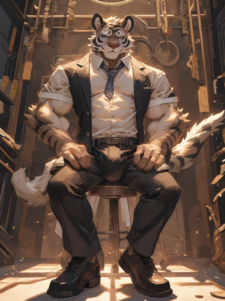{{bara extremely handsome white tiger,}} {{white fur,}} white, wearing elegant ornate suit, trousers, white dress shirt and necktie, white fluffy furry body and limbs, loafers, very tall, very broad shoulders, narrow waist, muscular arms, massive pecs, purple eyes, very long legs, sitting on swivel chair with legs spread, from below perspective, massive bulge, sophisticated hot look, sexy pose, full body, sunlight casting over, 3/4 view, best quality, high quality, silver earring on left ear, sultry smirk