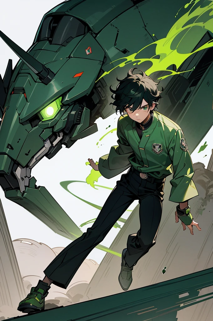 Theo - Young, Lost, Determined Mecha Pilot of Silver Guards, who will blaze through any barriers to reach his desired purpose. The disease was slowly consuming him, leaving small trails of green cracks around his skin after the mecha use, but he was sure that he'll break through this problem, eventually. He just needs a bit of time... Right now, he's hiding in the modern Japan, living on the streets, trying to think out how to act now. He's a young teenager in his 20's, high and a bit skinny, curly black hair with glowing green eyes under them. He's usually dressed in a dark green shirt that a bit oversized in length, black pants with small silver accessories on them, and green-black patterned sneakers with a white sole, when he's not using his mecha armour. On the right sleeve of the shirt Theo wears a small badge for clothings, designed like a knight helmet in futuristic style, in silver green patterned colours, as small green flames circling around it.