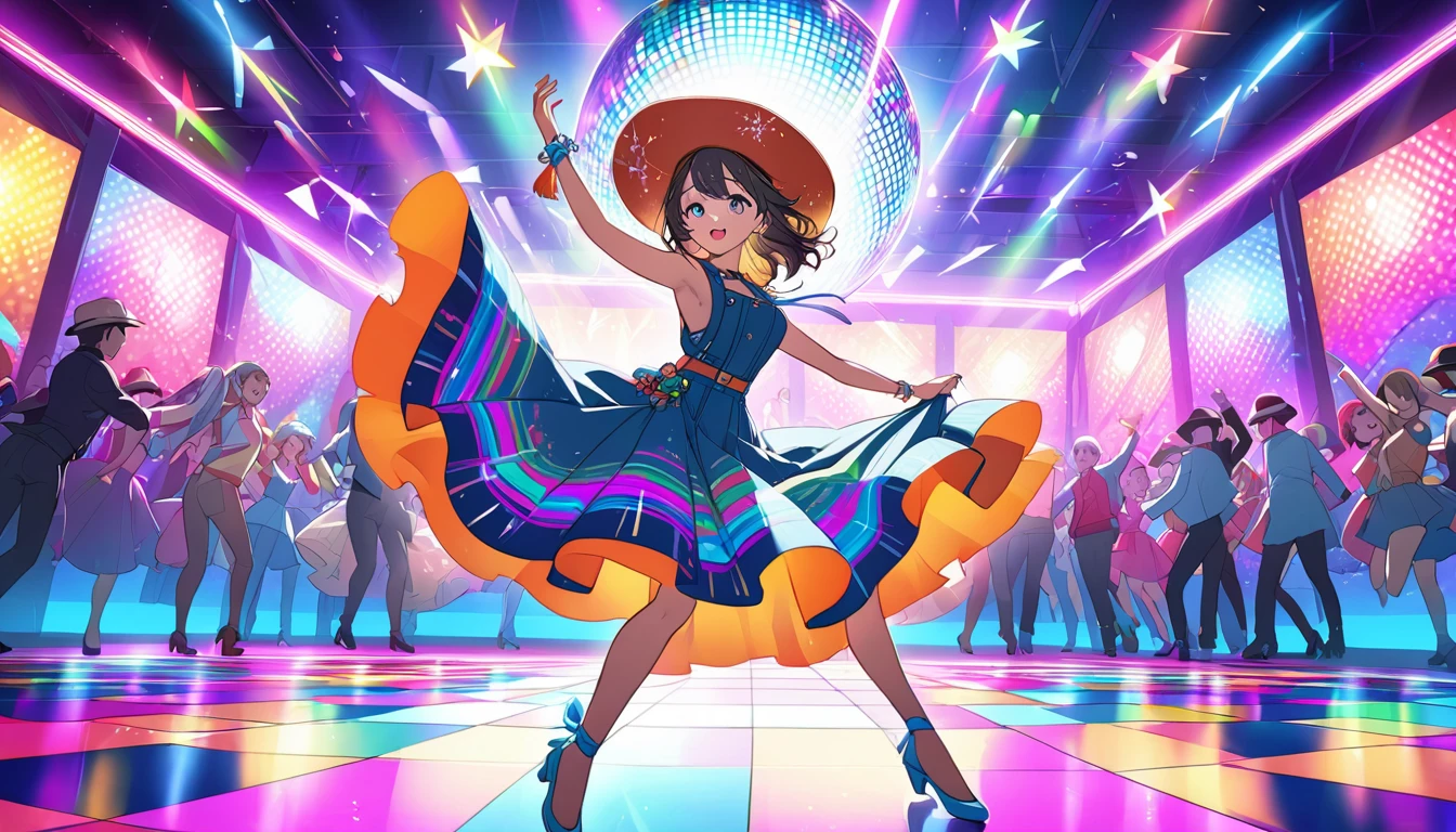 An anime-style vibrant dance hall with only one girl dancing joyfully under colorful lights. The atmosphere is electric, with neon lights and a disco ball casting dynamic patterns across the floor. The girl is dressed in a stylish outfit and wearing a hat, moving energetically to the music. The walls are adorned with bright, colorful decorations, and the overall mood is festive and exhilarating. The dance floor is spacious, and the energy of the single dancer is palpable as she enjoys the night. High quality.