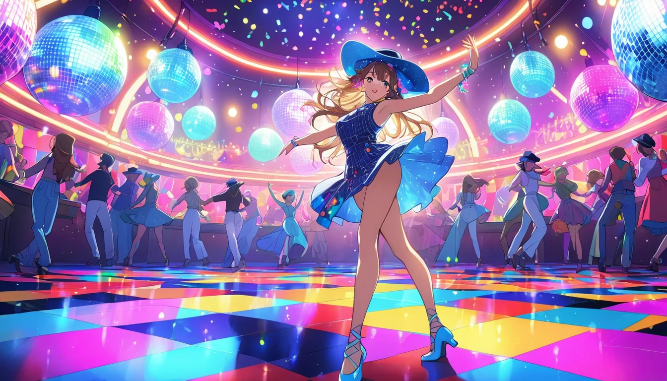 An anime-style vibrant dance hall with only one girl dancing joyfully under colorful lights. The atmosphere is electric, with neon lights and a disco ball casting dynamic patterns across the floor. The girl is dressed in a stylish outfit and wearing a hat, moving energetically to the music. The walls are adorned with bright, colorful decorations, and the overall mood is festive and exhilarating. The dance floor is spacious, and the energy of the single dancer is palpable as she enjoys the night. High quality.