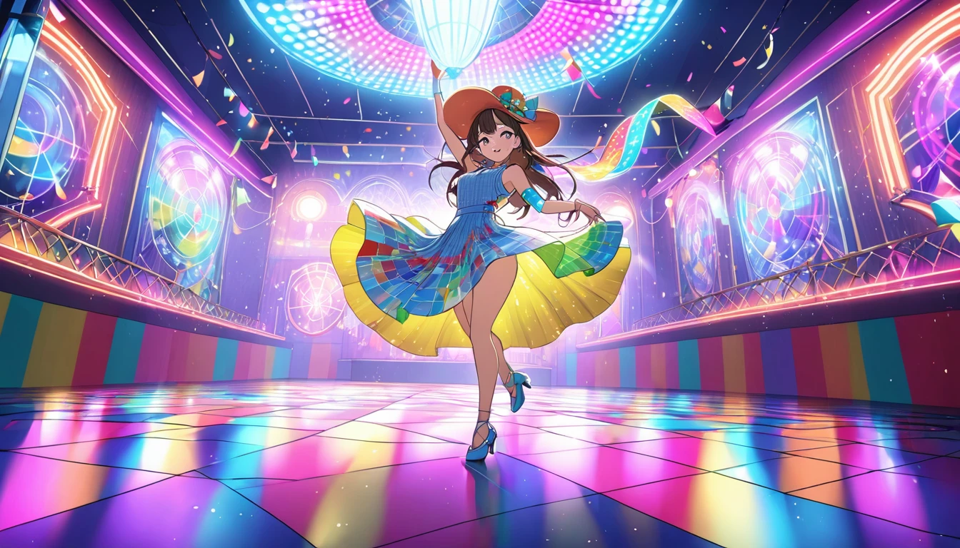 An anime-style vibrant dance hall with only one girl dancing joyfully under colorful lights. The atmosphere is electric, with neon lights and a disco ball casting dynamic patterns across the floor. The girl is dressed in a stylish outfit and wearing a hat, moving energetically to the music. The walls are adorned with bright, colorful decorations, and the overall mood is festive and exhilarating. The dance floor is spacious, and the energy of the single dancer is palpable as she enjoys the night. High quality.