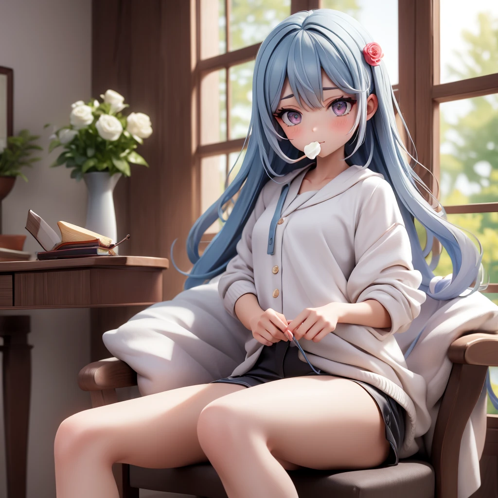 A woman with beautiful gray hair, sharp eyes, fierce, Korean style, wearing underwear, holding a rose in her mouth. Sitting in a charming pose on a chair in the house, by the window.