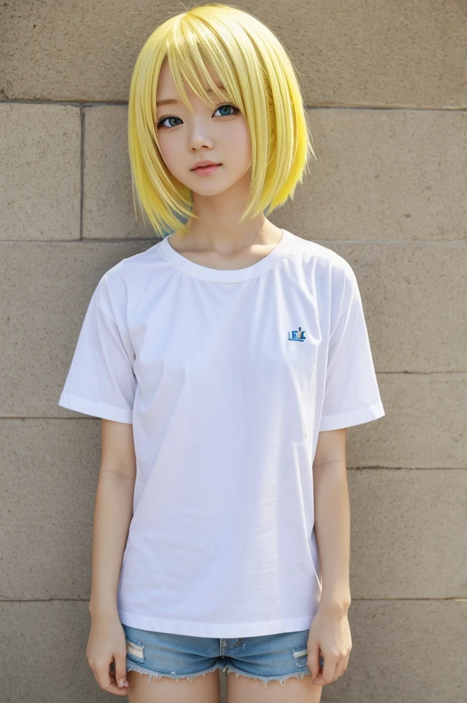 Blue short. White t-ahirt yellow hair anime girl

