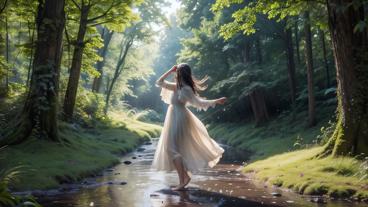 Dance of the Elements: A Cinematic Symphony
Verse 1
In hushed embrace, the forest gleams,
A gentle light on emerald scenes.
A woman sits, with senses keen,
Where ancient oaks cast leafy screens.
Verse 2
Her fingertips, a whispered touch,
On gnarled bark, worn oh so much.
A symphony the air ignites,
Nature's secrets, soft as night.
Verse 3
With eyes closed, she communes with the earth, her bare feet sinking into the soft moss. The soil whispers tales of ancient times, of roots that burrow deep, and the silent strength that sustains all life.
Chorus
A dance of the elements, a harmony of creation,
She converses with the earth, the wind, the fire, and the rain.
In their whispers, she finds solace, wisdom, and inspiration,
A connection so profound, it transcends all human limitation.
Verse 4
The wind caresses her face, carrying the scent of wildflowers and the distant murmur of a flowing stream. It speaks of freedom, of boundless movement, of the spirit that soars above all boundaries.
Chorus
A dance of the elements, a harmony of creation,
She converses with the earth, the wind, the fire, and the rain.
In their whispers, she finds solace, wisdom, and inspiration,
A connection so profound, it transcends all human limitation.
Bridge
Her gaze rises to the sky, where the sun paints the canvas of clouds with hues of gold and crimson. She feels the warmth of its embrace, its life-giving energy coursing through her veins.
Chorus
A dance of the elements, a harmony of creation,
She converses with the earth, the wind, the fire, and the rain.
In their whispers, she finds solace, wisdom, and inspiration,
A connection so profound, it transcends all human limitation.
Outro
As the first drops of rain fall, she opens her arms, welcoming the cool refreshment. The elements sing in unison, a chorus of life, love, and the interconnectedness of all things. In this moment of pure connection, she is one with the universe, a symphony of nature's whispers echoing in her soul.