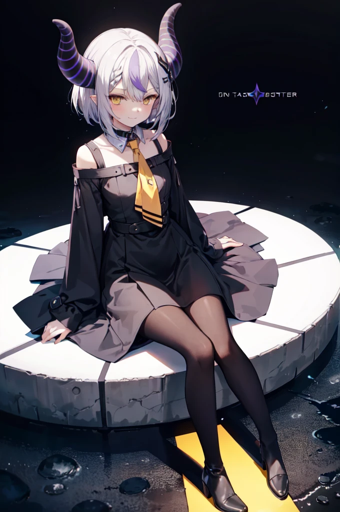 sleeves past wrists, sleeves past fingers, braid, Long sleeves, single leg pantyhose, yellow ascot, ascot, Black footwear, Dress, Metal collar, long boots, Black Dress, Collar, pantyhose, single thighhigh,Evil smile,Sitting on the ground looking at the planet, cyberspace, floating next to the planet, modern sci-fi animation