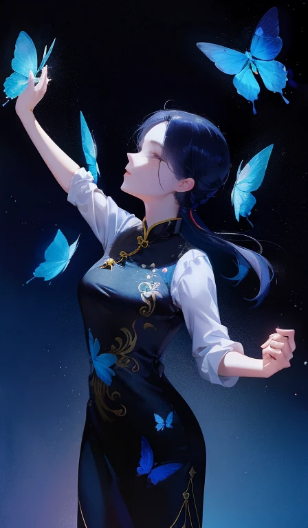woman,26 years old,Mature,Wear a black cheongsam,Cheongsam embroidered with blue butterflies,No nostalgia for the world, Like waking up from a dream,mystery,reality,meticulous,Unpredictable,High quality。