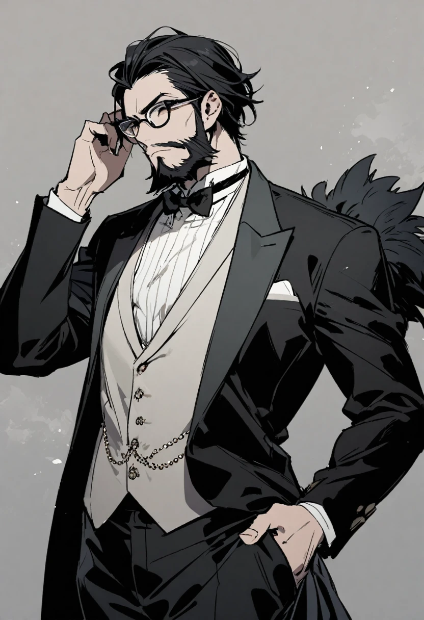 man, short hair, black fur, BLACK BEARD, elegant, big glasses
