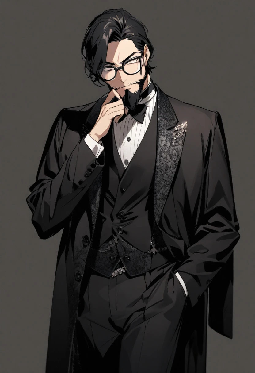 man, short hair, black fur, BLACK BEARD, elegant, big glasses