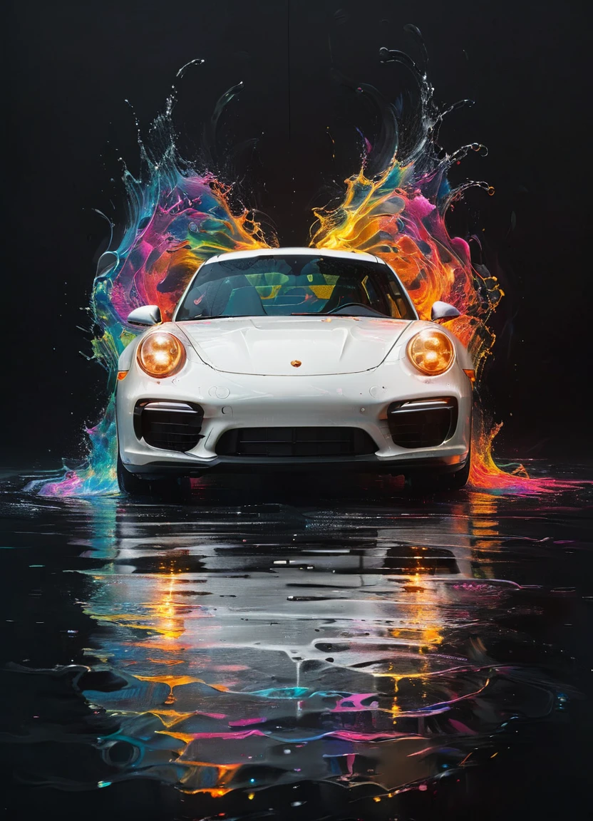 internal, a white porche car parked, simplistic, black room, lights, highy detailed, cinematic, colorfully, sneezing, reflections, water, energy, flowy, ripples, engraved, fogo Artme, black backdrop