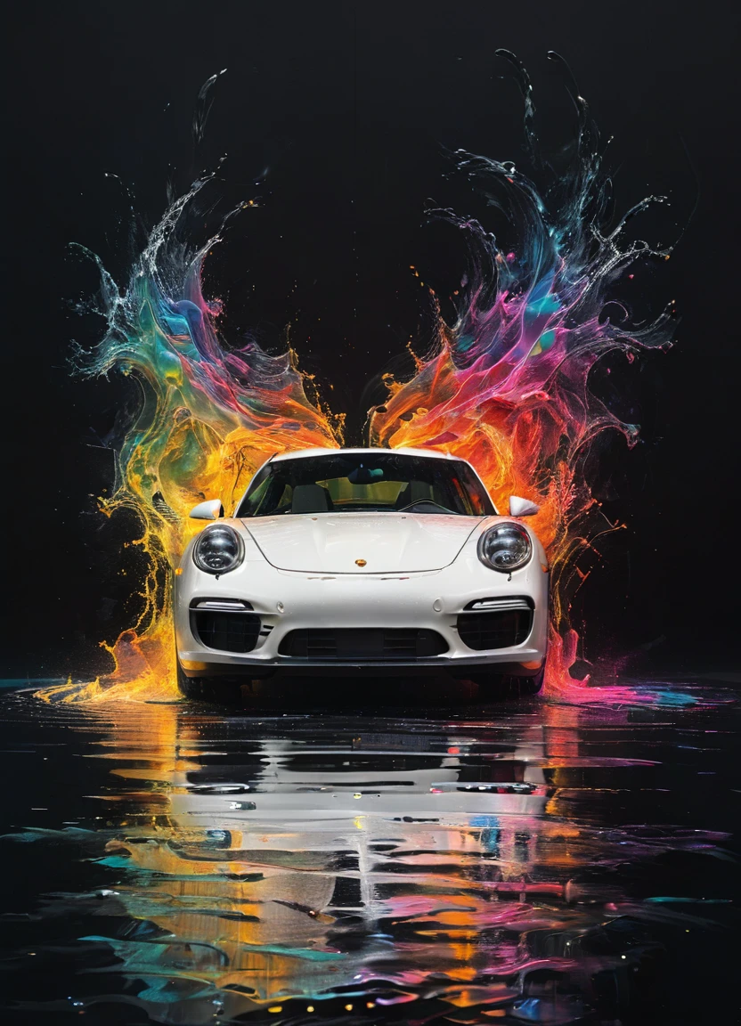 internal, a white porche car parked, simplistic, black room, lights, highy detailed, cinematic, colorfully, sneezing, reflections, water, energy, flowy, ripples, engraved, fogo Artme, black backdrop