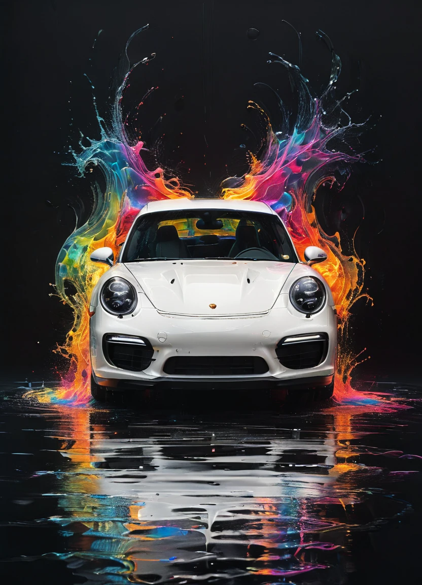 internal, a white porche car parked, simplistic, black room, lights, highy detailed, cinematic, colorfully, sneezing, reflections, water, energy, flowy, ripples, engraved, fogo Artme, black backdrop