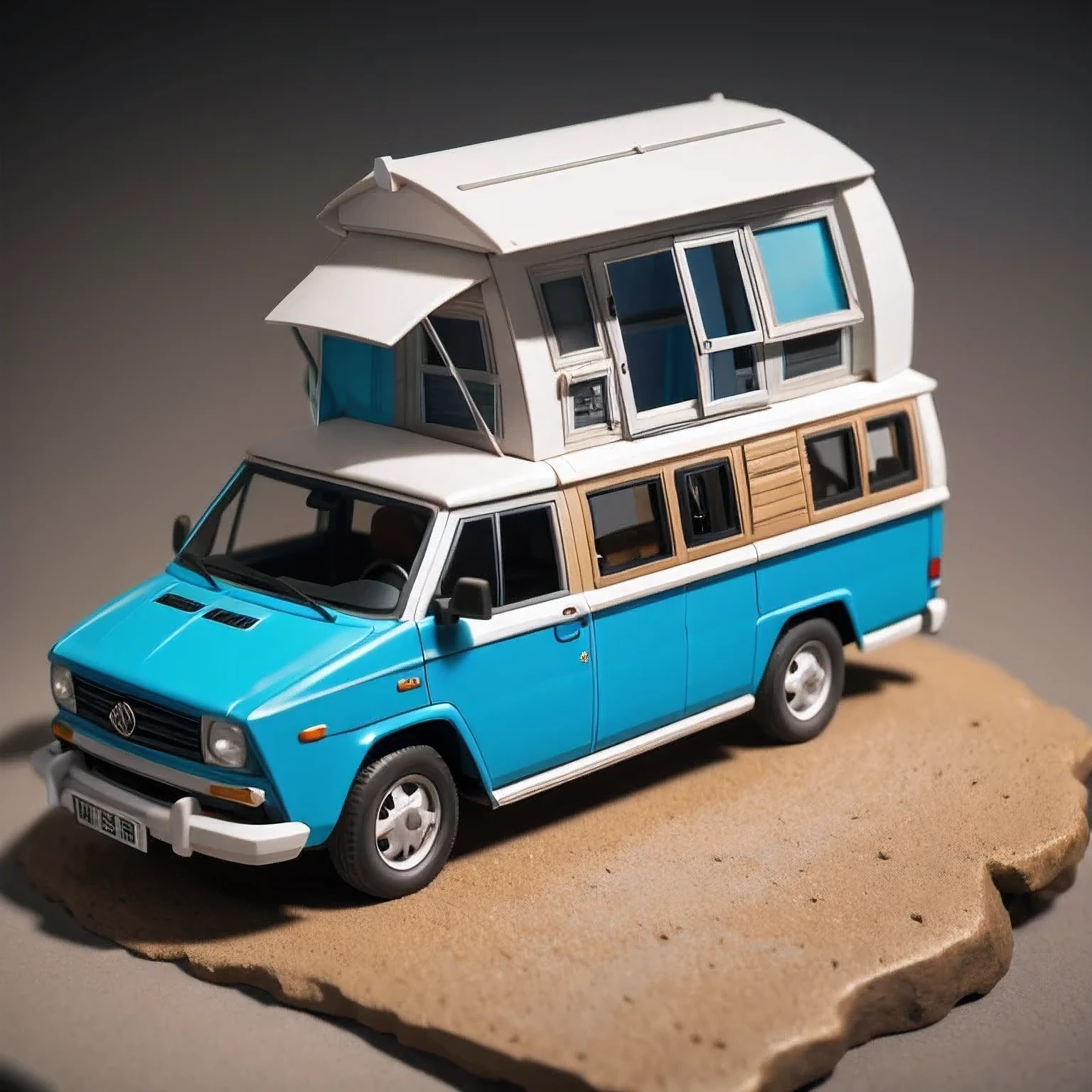 there is a small model of a camper van in a cave, stylized 3d render, 3d illustration, 3 d illustration, highly detailed diorama, 3 d low poly render, 3d low poly render, low poly 3 d, highly detailed sculpey diorama, lowpoly, low poly render, diorama model, low poly 3 d render, diorama