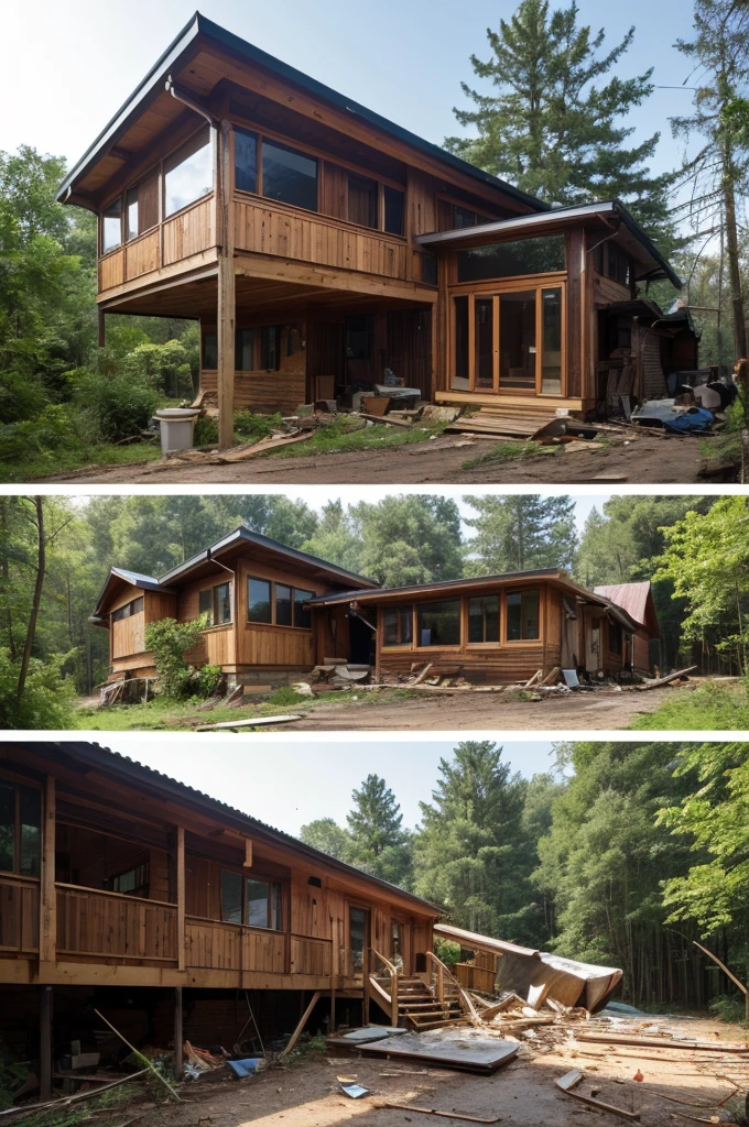 A scene where a forest is cut down with a chainsaw, the wood is processed into building materials, and a house is completed.