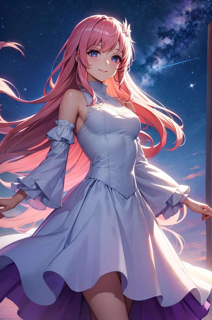 (masterpiece:1.3), (best quality:1.1), (8k, ultra detailed, ultra high res:1.2), ((anime style)), perfect 5 fingers, perfect anatomy, 1girl,
BREAK long hair, pink hair, medium breasts, purple eyes, (smile), 
BREAK white dress, long sleeves, frilled skirt, frilled sleeves, detached sleeves, bare shoulders, purple skirt,
looking at viewer, smile, standing, 
cowboy shot, perfect light, 
BREAK (detailed background:1.2), outdoor, outside, space, sun, star, the cosmos, galaxy, 