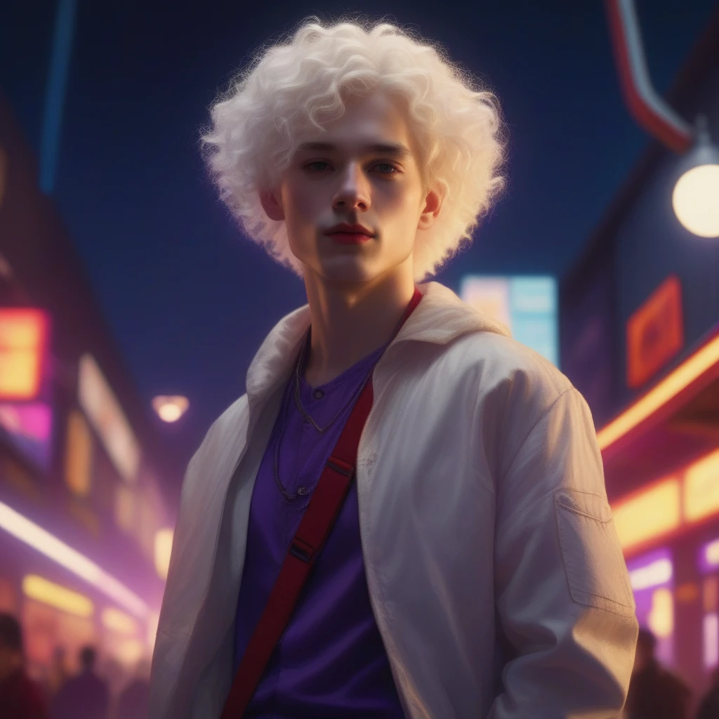 Cinematic photorealistic portrait of a young person with large curly white hair, pale albino skin, red eyes, very round and small head, small and thin white moustache. The subject is wearing a white jacket over a bright purple shirt. The lighting highlights the subject's hair and face, adding depth and contrast to the image.