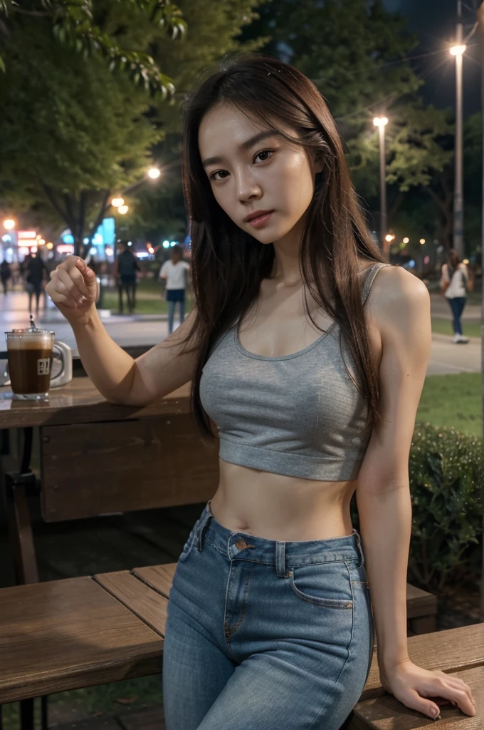 (realisitic、hight resolution:1.3)、, Zhao Lusi, with a perfect figure、Super thin face and eyes、long hair、Tank Tops:1 in random color.2、Short jeans、in a park, at night、coffee on table、Colossal ,4k, hd, best quality,