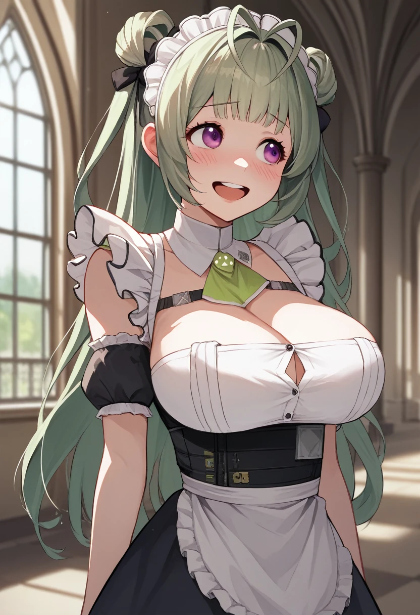 score_9, score_8_up, score_7_up, source_anime, BREAK 1girl, sdrnd, purple eyes, green hair, long hair, bangs, double bun, antenna hair, big breasts, blush, open mouth, smile, shy, embarrassed, smile, open mouth, looking to the side, maid, mansion, room,
