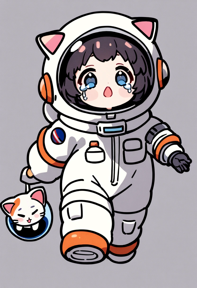 Are crying,cartoon cat astronaut in space suit holding a gun, cute astronaut sticker art, Wearing a space suit, wear spacesuits, 小さなWearing a space suitいる, small astronaut looking up, wearing astronaut outfit, Space Molly, an astronaut, Wearing a spacesuit, astronaut, astronautの衣装を着て, Wearing a space suit, ポートレートアニメastronaut少女, small astronauts,Gray background