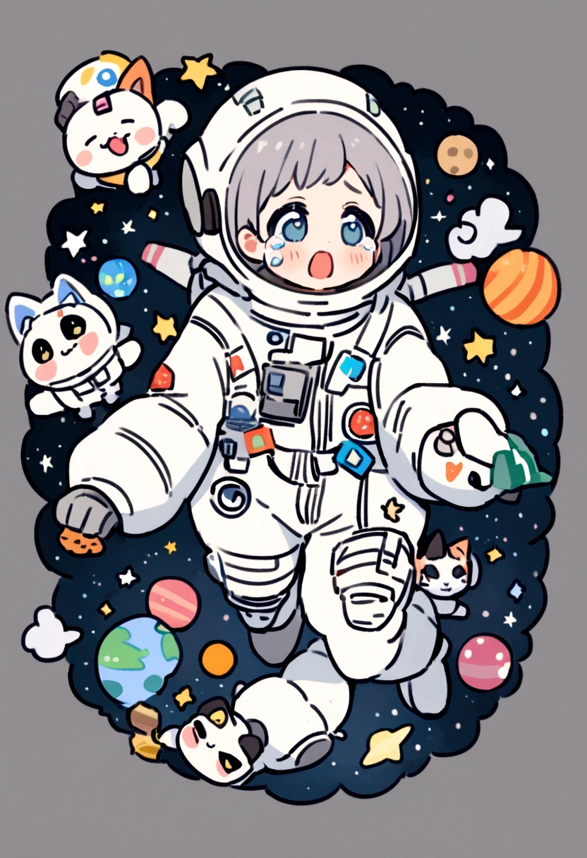 Are crying,cartoon cat astronaut in space suit holding a gun, cute astronaut sticker art, Wearing a space suit, wear spacesuits, 小さなWearing a space suitいる, small astronaut looking up, wearing astronaut outfit, Space Molly, an astronaut, Wearing a spacesuit, astronaut, astronautの衣装を着て, Wearing a space suit, ポートレートアニメastronaut少女, small astronauts,Gray background