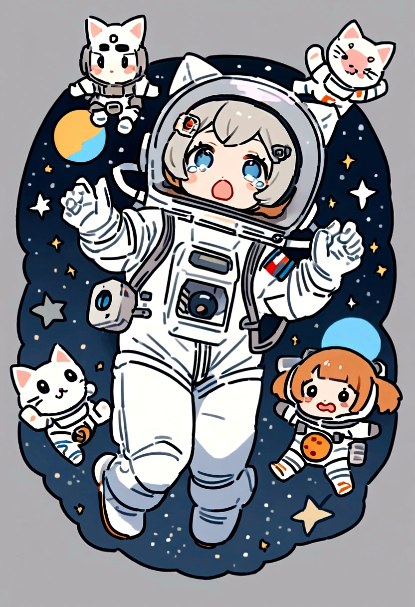 Are crying,cartoon cat astronaut in space suit holding a gun, cute astronaut sticker art, Wearing a space suit, wear spacesuits, 小さなWearing a space suitいる, small astronaut looking up, wearing astronaut outfit, Space Molly, an astronaut, Wearing a spacesuit, astronaut, astronautの衣装を着て, Wearing a space suit, ポートレートアニメastronaut少女, small astronauts,Gray background