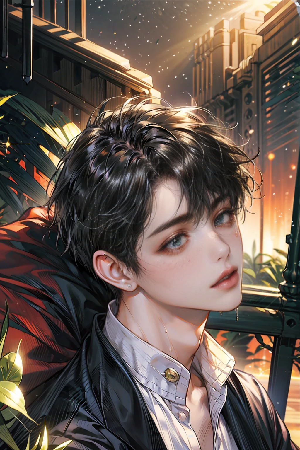 1 male high school student,Face focus,shoun,Young men,with short black hair,high school senior,Simple ,white shirt,tiese,trouser,the sky background,beautidful eyes,best qualtiy,detail in face,school ground,Playground guardrails,Background of details,Diffused sunlight,depth of fields,Background bokeh,(tmasterpiece,best qualtiy)anime boy,boy character, cute face, perfect body, cute boy, wet body